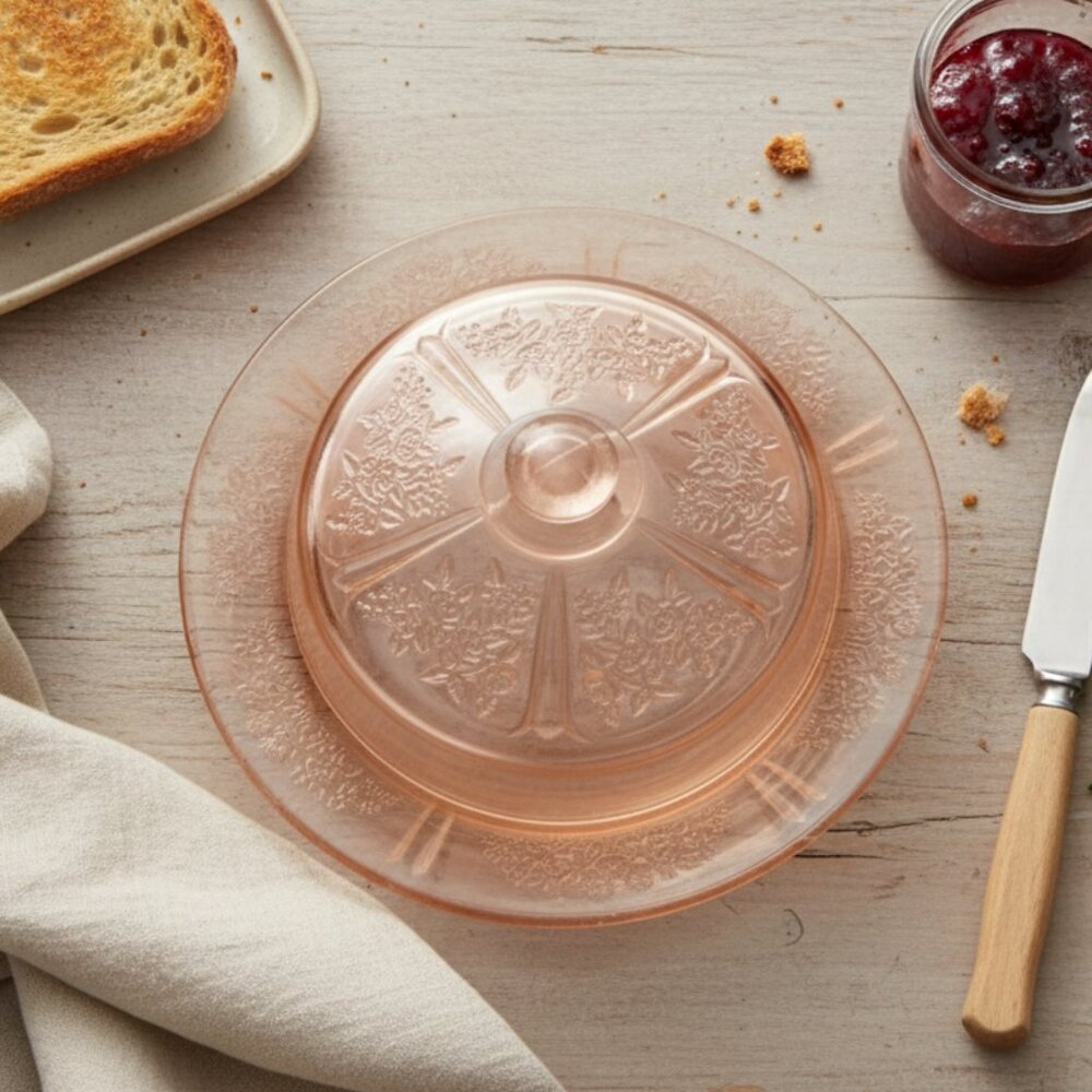 Sharon (Cabbage Rose) Pink Depression Glass Covered Butter Dish